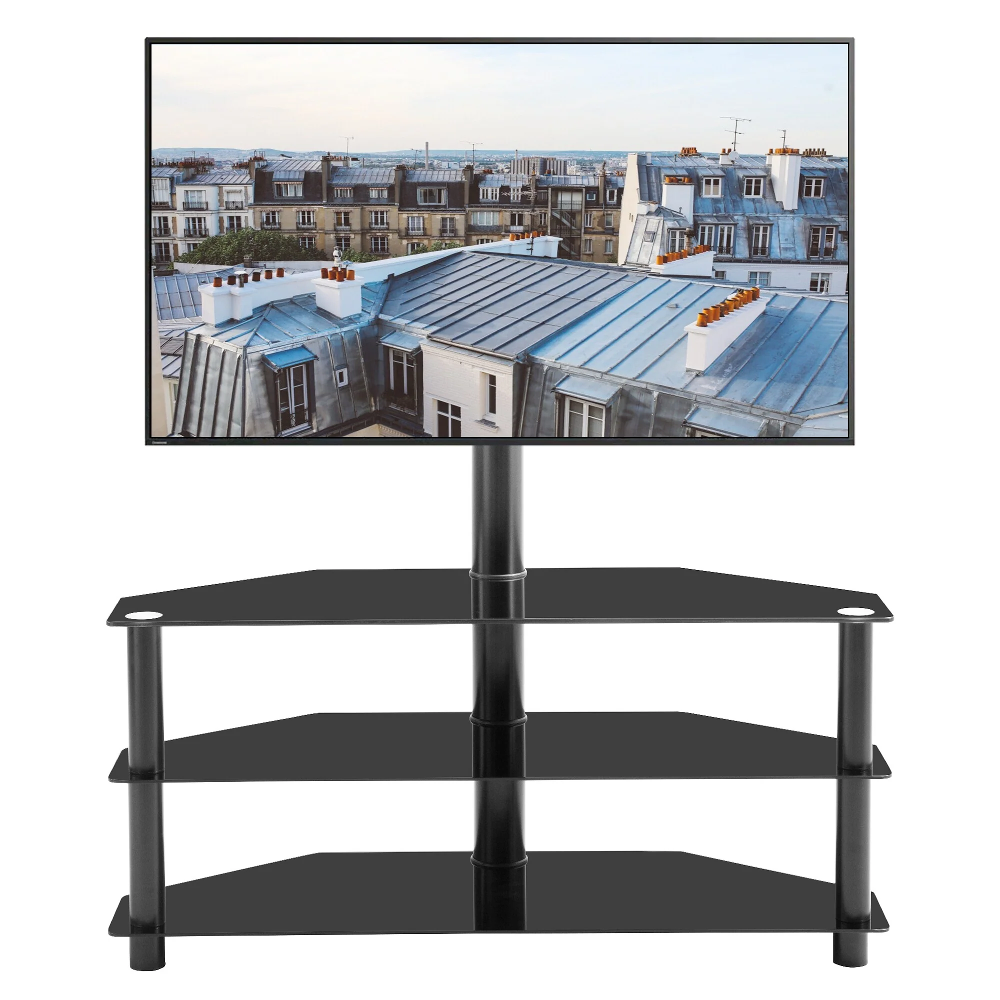 Black Swivel TV Stand with Glass Shelves & Adjustable Height for 32-65 TVs