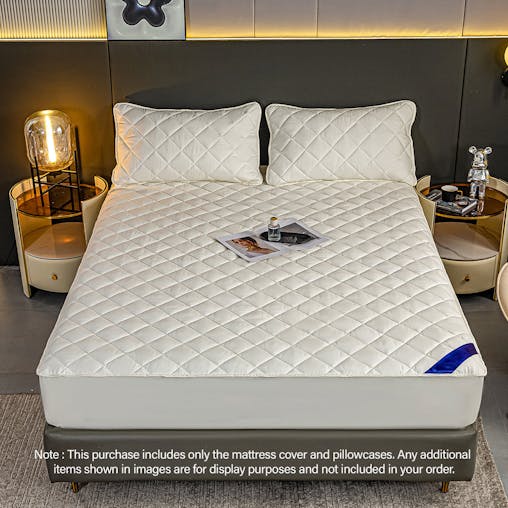 SOGA White 138cm Wide Cross-Hatch Mattress Cover Thick Quilted Stretchable Bed Spread Sheet Protector with Pillow Covers