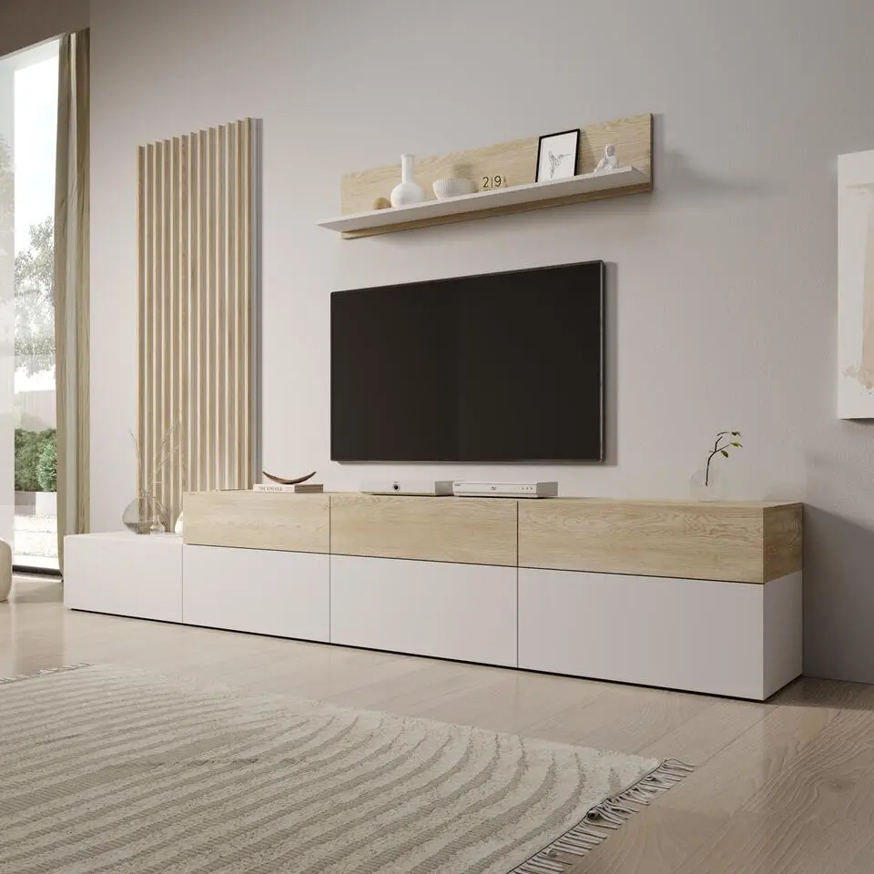 Meubella - Nobu - Wandmeubel - Wit/Eikenpatroon - 300x40x209 cm