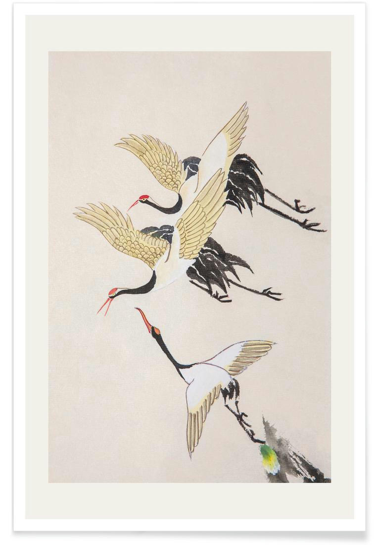 SWOOPING CRANES - Affiche blanc ivoire & gris