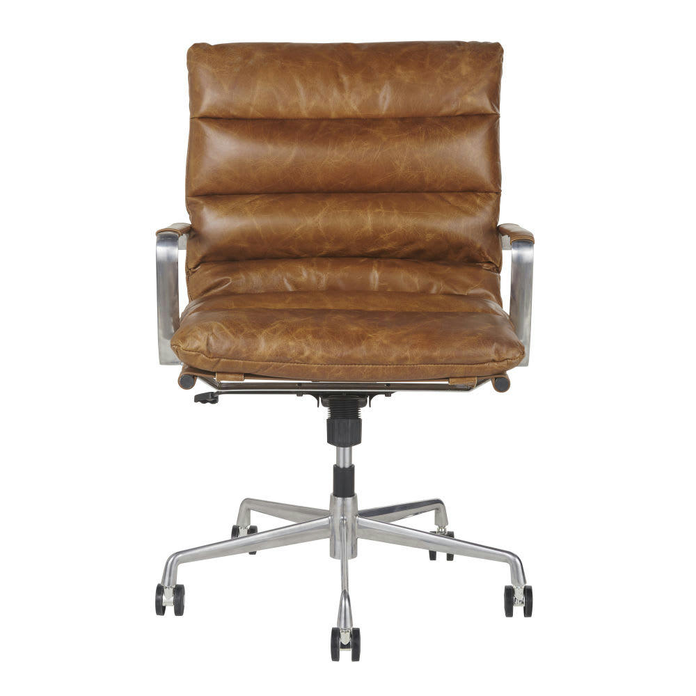 Sigmund - Chaise de bureau à roulettes en cuir de vachette matelassé marron