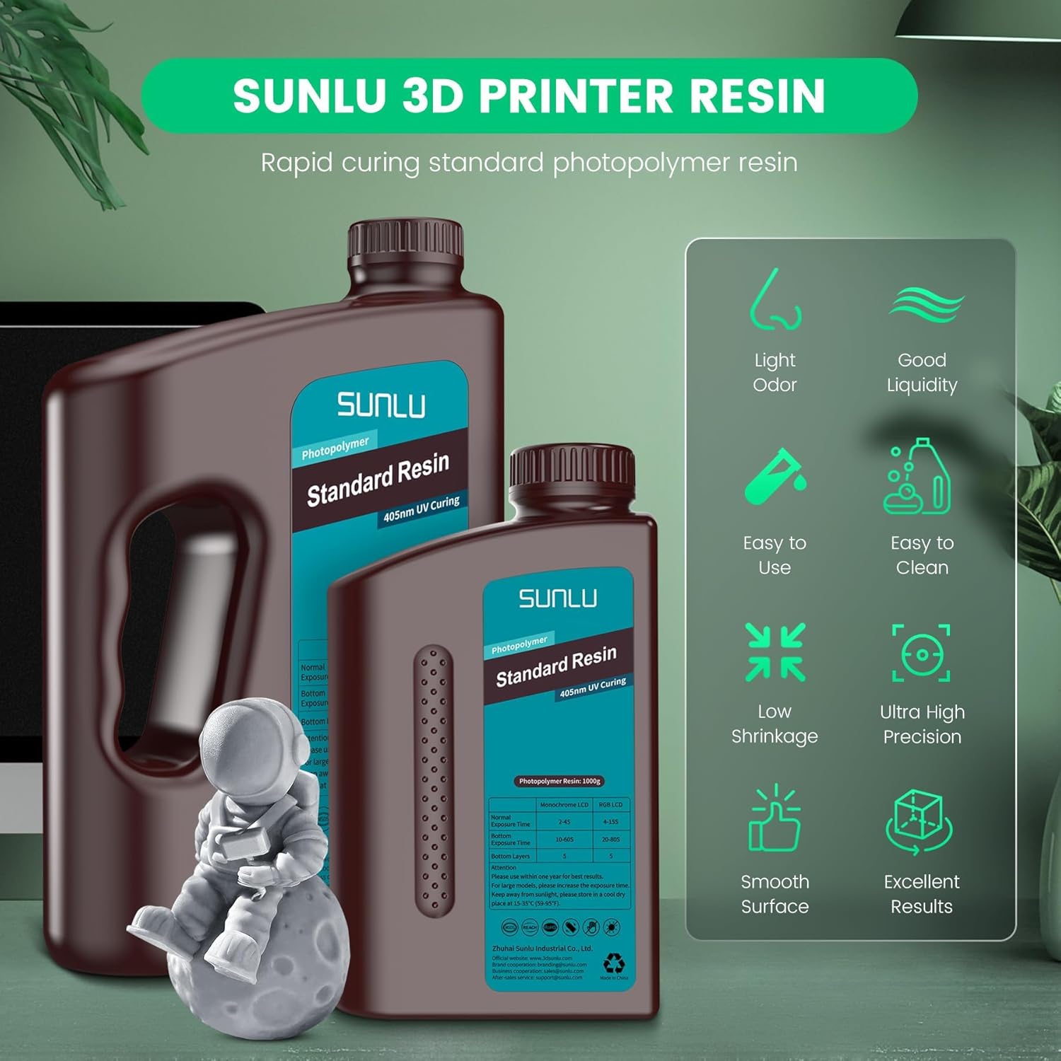 SUNLU 2kg Standard 3D Printer Resin Plus, Fast-Curing Photopolymer Resin for LCD/DLP/SLA Printers, 395-405nm UV, Low Shrinkage and High Precision, Grey 2000G