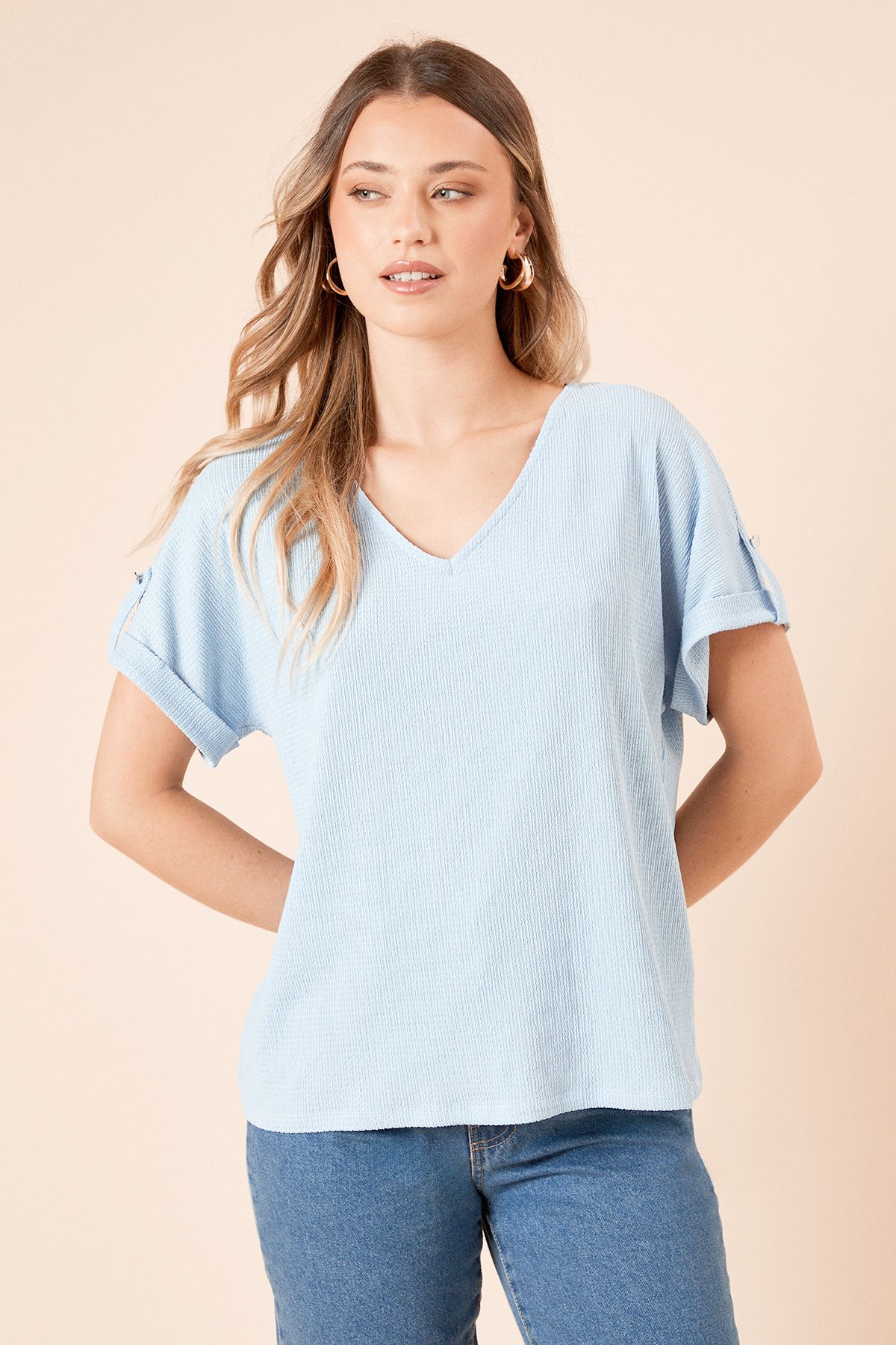 Dorothy Perkins V Neck Roll Sleeve Jersey Top