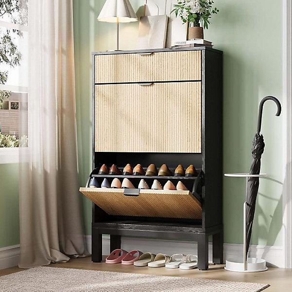 Meuble à Chaussures - PROMIRACAL - Commode à Chaussures - 2 Portes - 1 Tiroir - Noir - 61x105x24cm