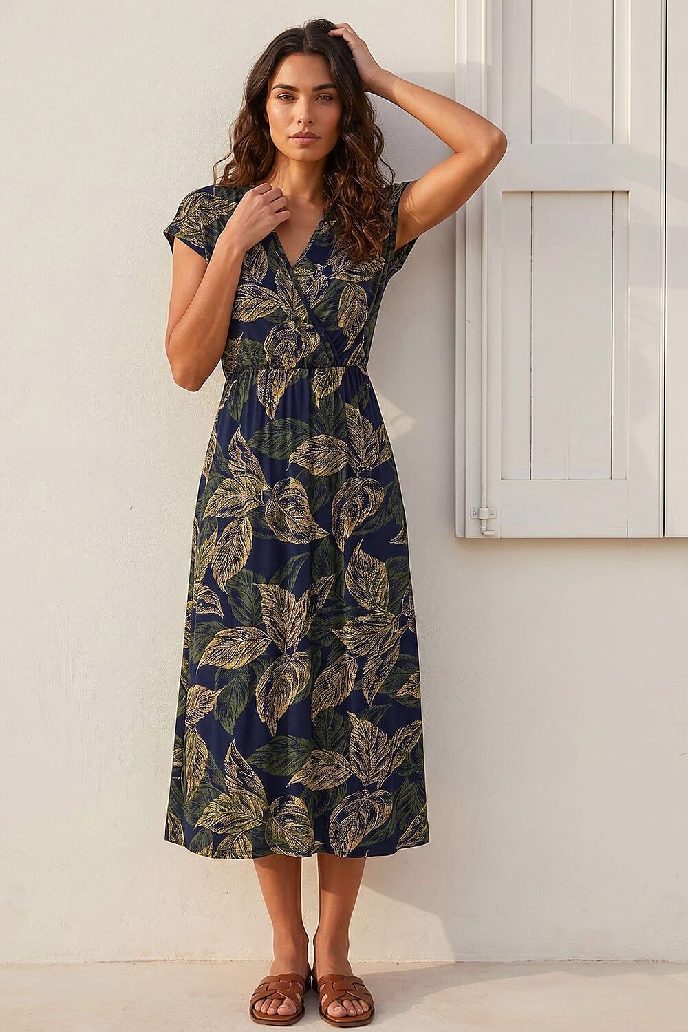 Roman Leaf Print Midi Wrap Dress
