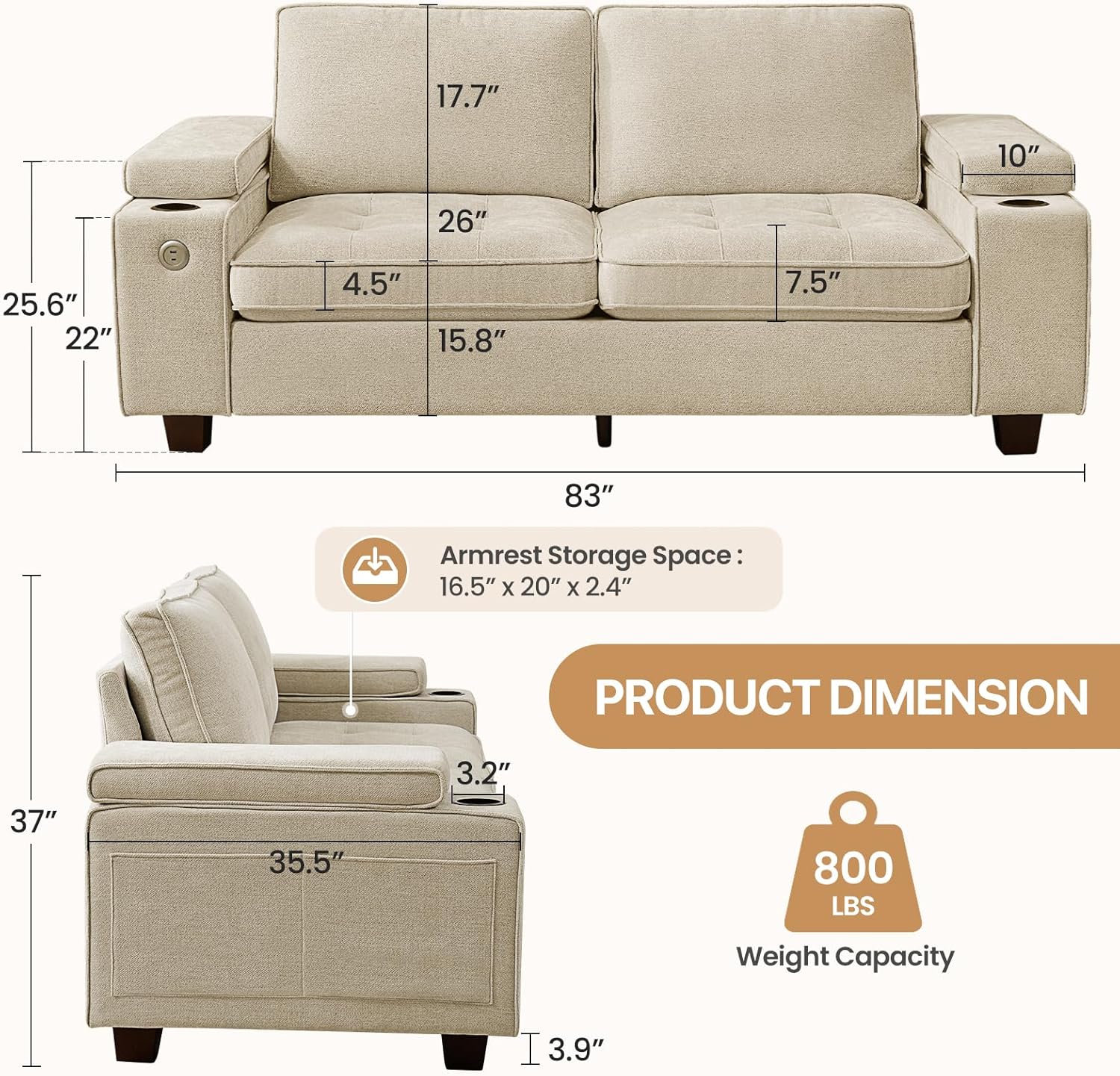 74 Loveseat Couch for Living Room, Modern Chenille Upholstered Sofa with Adjustable Armrest,Storage,Cup Holders,USB & Type-C Ports,Solid Wood 2-Seater Loveseat Sofa for Apartment(Beige)