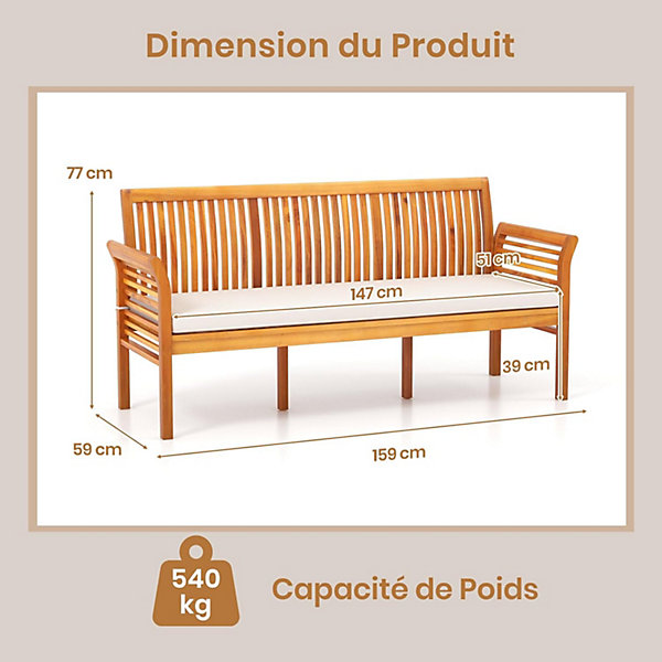 Banc de Jardin de 159 cm Banc pour 3 Personnes avec Dossier Haut Accoudoirs Incurvés Coussin de Siège Blanc