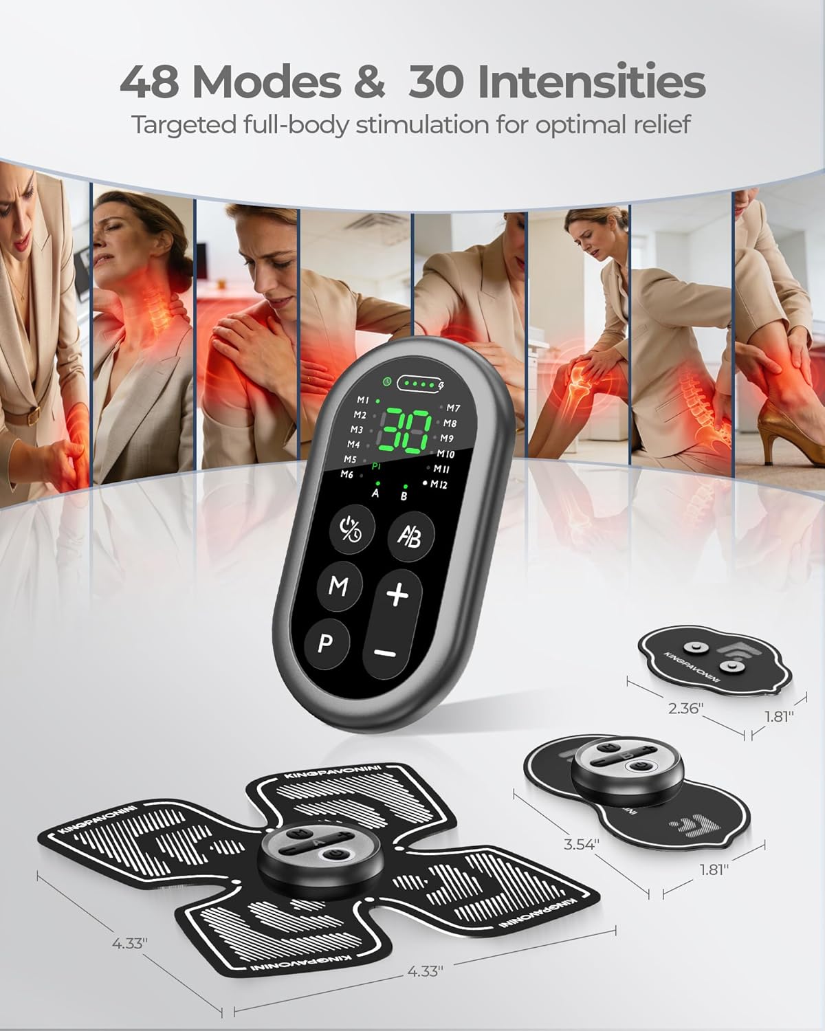KingPavonini Wireless TENS Unit Muscle Stimulator - All-in-One Storage & Charging, 48 Modes 30 Intensities Dual Channel TENS Machine for Pain Relief, XL Pad for Back Shoulder Sciatica, Model HZ9151C