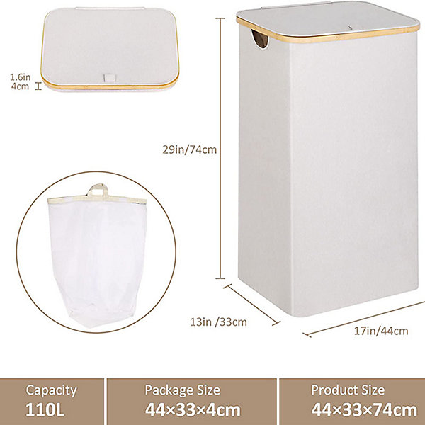 BASHLWUA Panier à linge de 110 litres avec pochette en filet et couvercle (noir), poignée en bambou, panier à linge pliable XXL