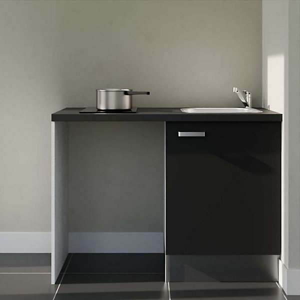 Kitchenette K08 - 120 cm - Façades : Noir - Plan de travail : Noir texturé - Crédences : Non - Evier Inox