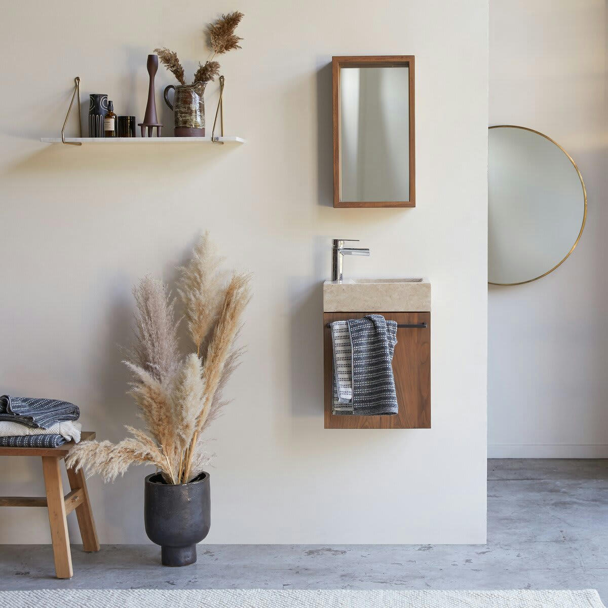 STELLE - Meuble Lave main en noyer massif et marbre crème