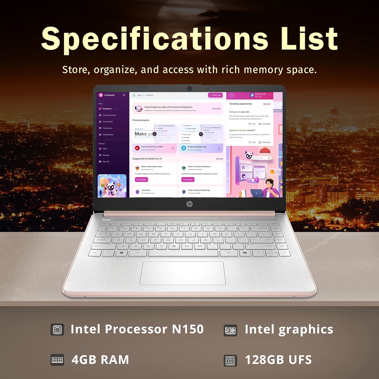 HP Stream 14 HD Laptop, Intel Processor N150, 4GB RAM, 128GB UFS, Intel Graphics, Webcam, Wi-Fi 6, Long Battery Life, Copilot, Windows 11 S, Gold (Renewed)