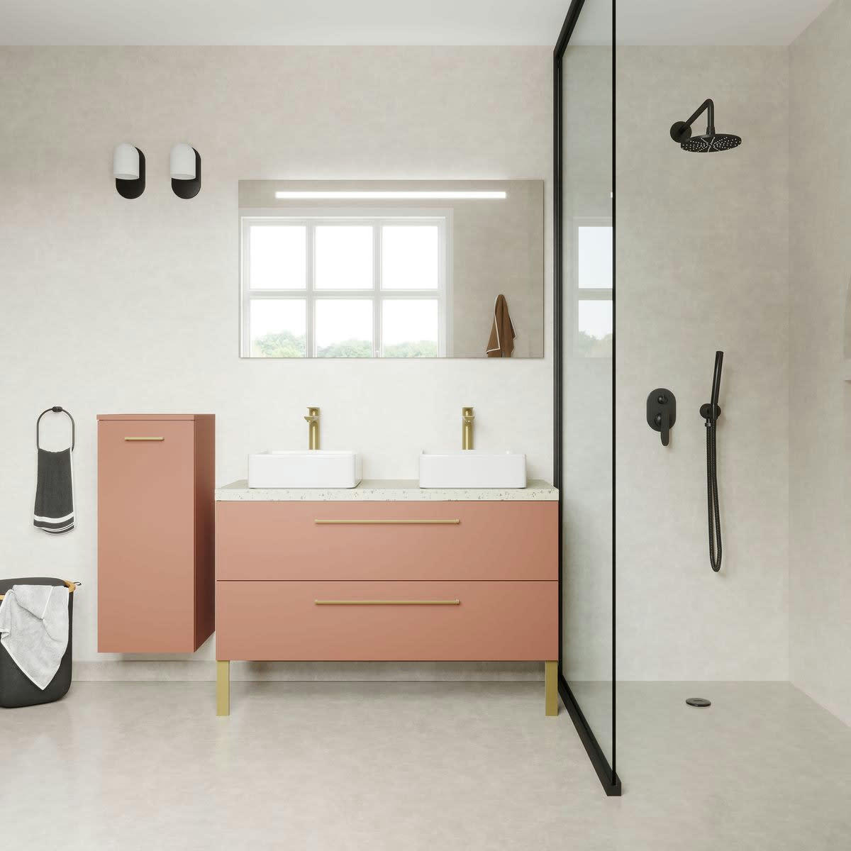 GLASGOW - Meuble salle de bain 2 vasques posées 120cm 2 tiroirs Abricot