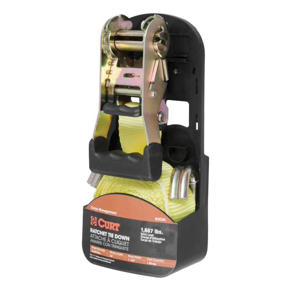CURT Cargo Strap w/ J-Hooks, Yellow, 1,667-lb, 14-ft