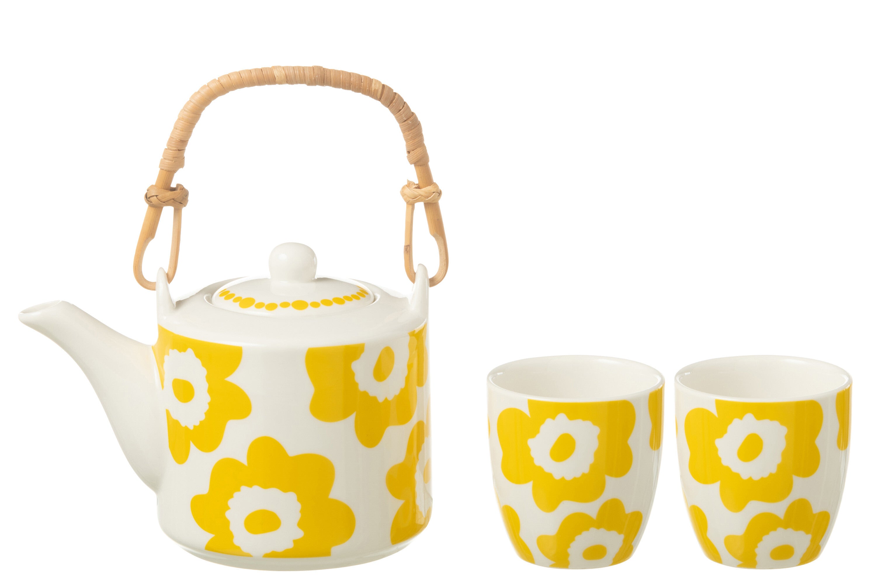 J-Line theepot Bloemen - keramiek - geel - doos van 3 stuks