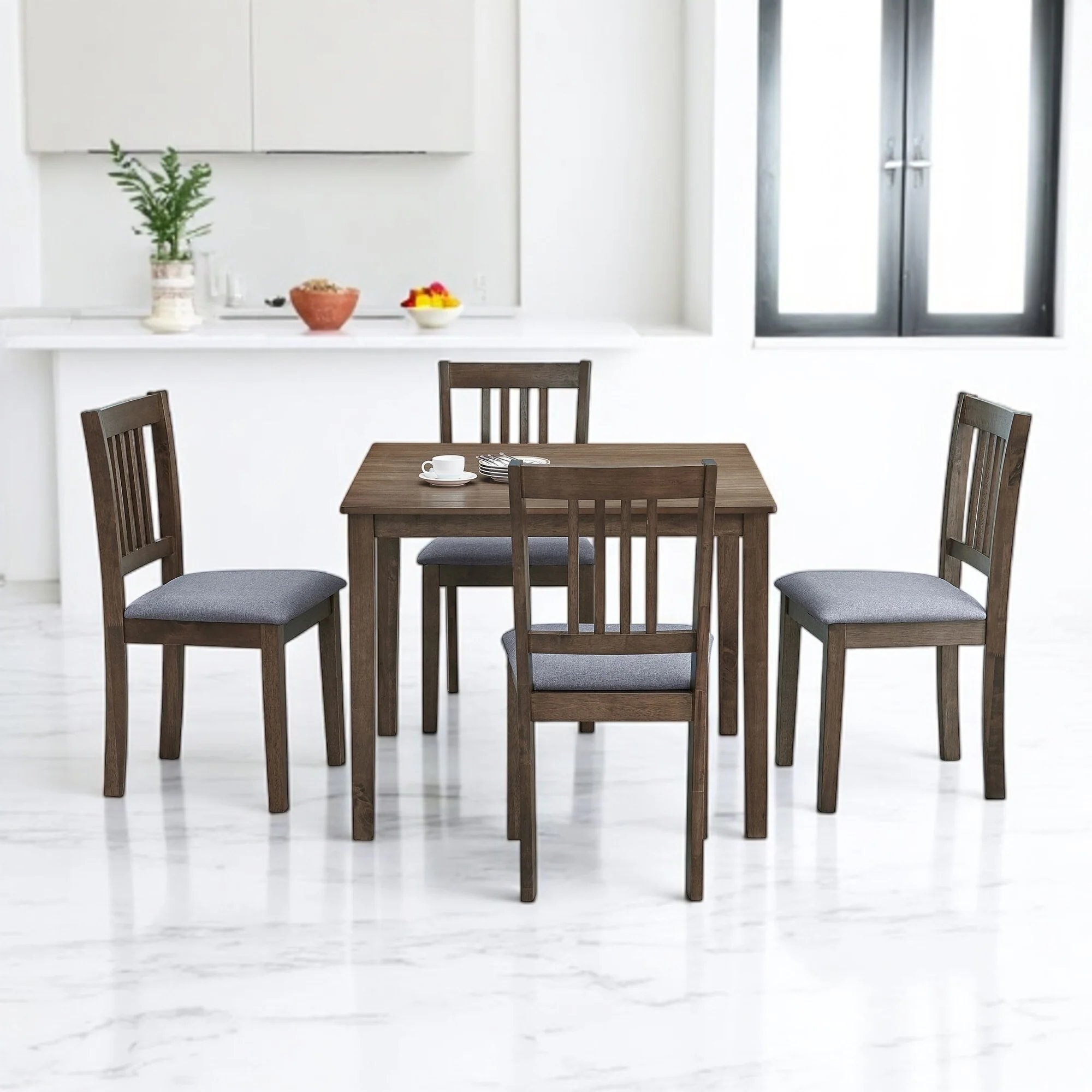 Wooden 5-Piece Dining Table Set for 4, Square Kitchen Table with Upholstered Chairs, Solid Wood & MDF, Space-Saving Design