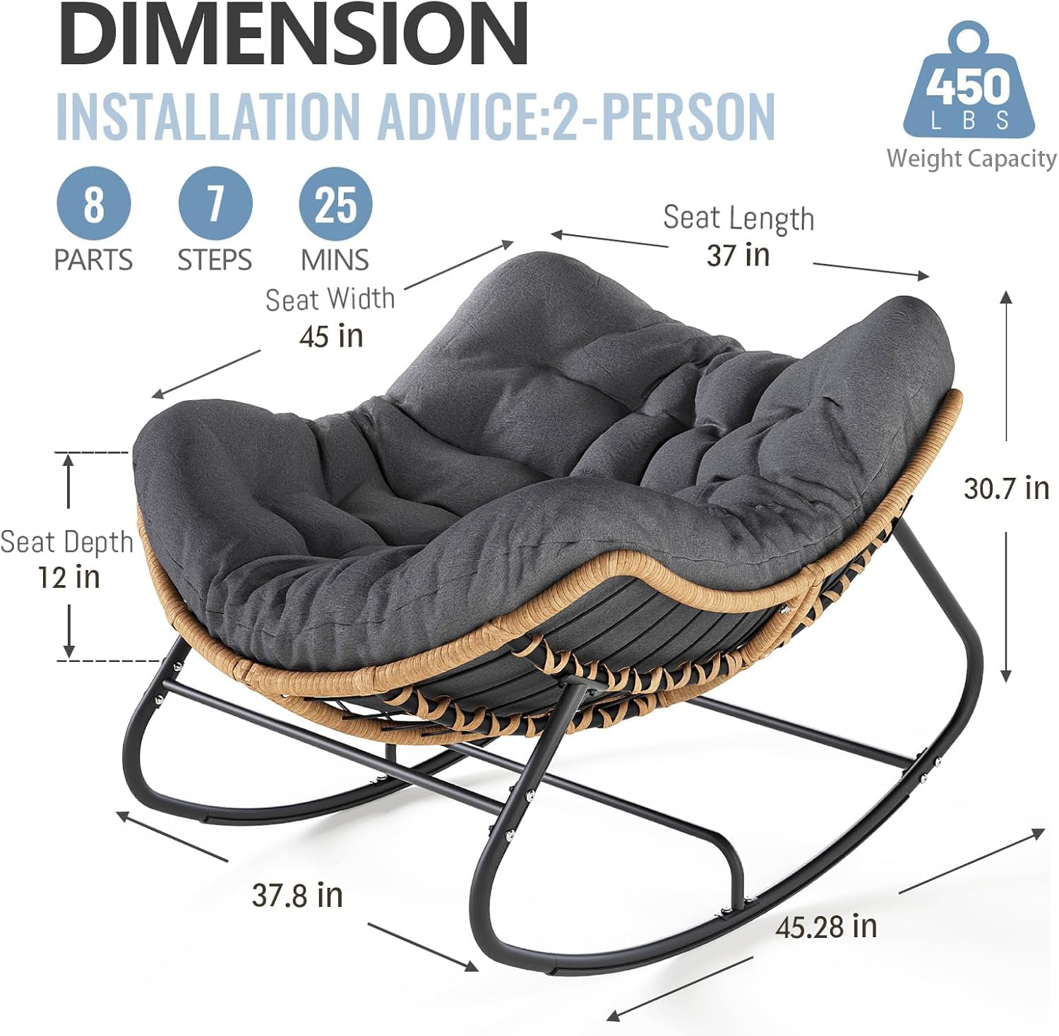 SWITTE Outdoor Rocking Chair  Oversized Patio Papasan Rocker  Comfy Wicker Reading Lounge  Indoor Egg Chair for Bedroom  Living Room  Porch  Garden  Lawn-Dark Grey