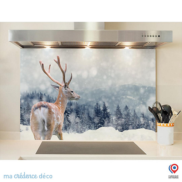 Crédence cuisine fond de hotte Cerf en hiver - Verre trempé - L 90 cm x H 50 cm - MaCrédenceDéco