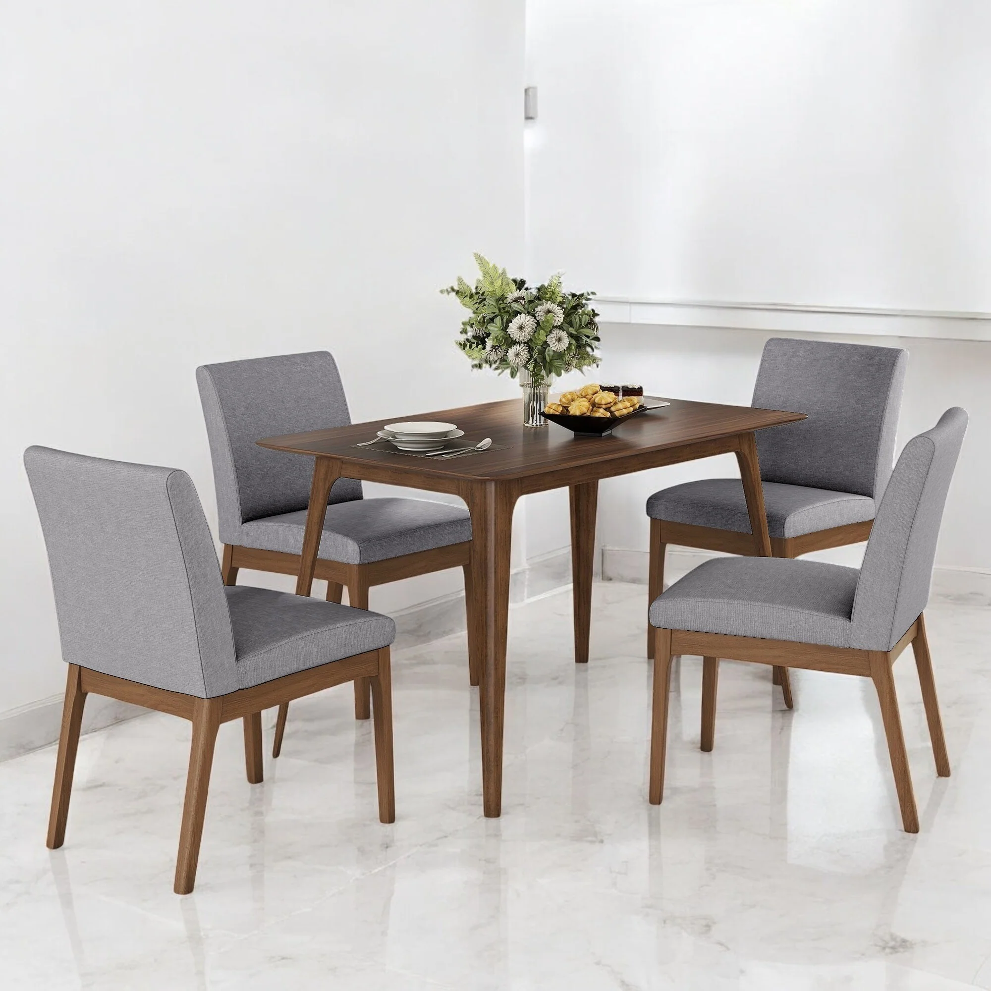 Modern 5-Piece Dining Table Set with 4 Upholstered Chairs - Solid Rubberwood Frame for Small Dining Spaces and Kitchen