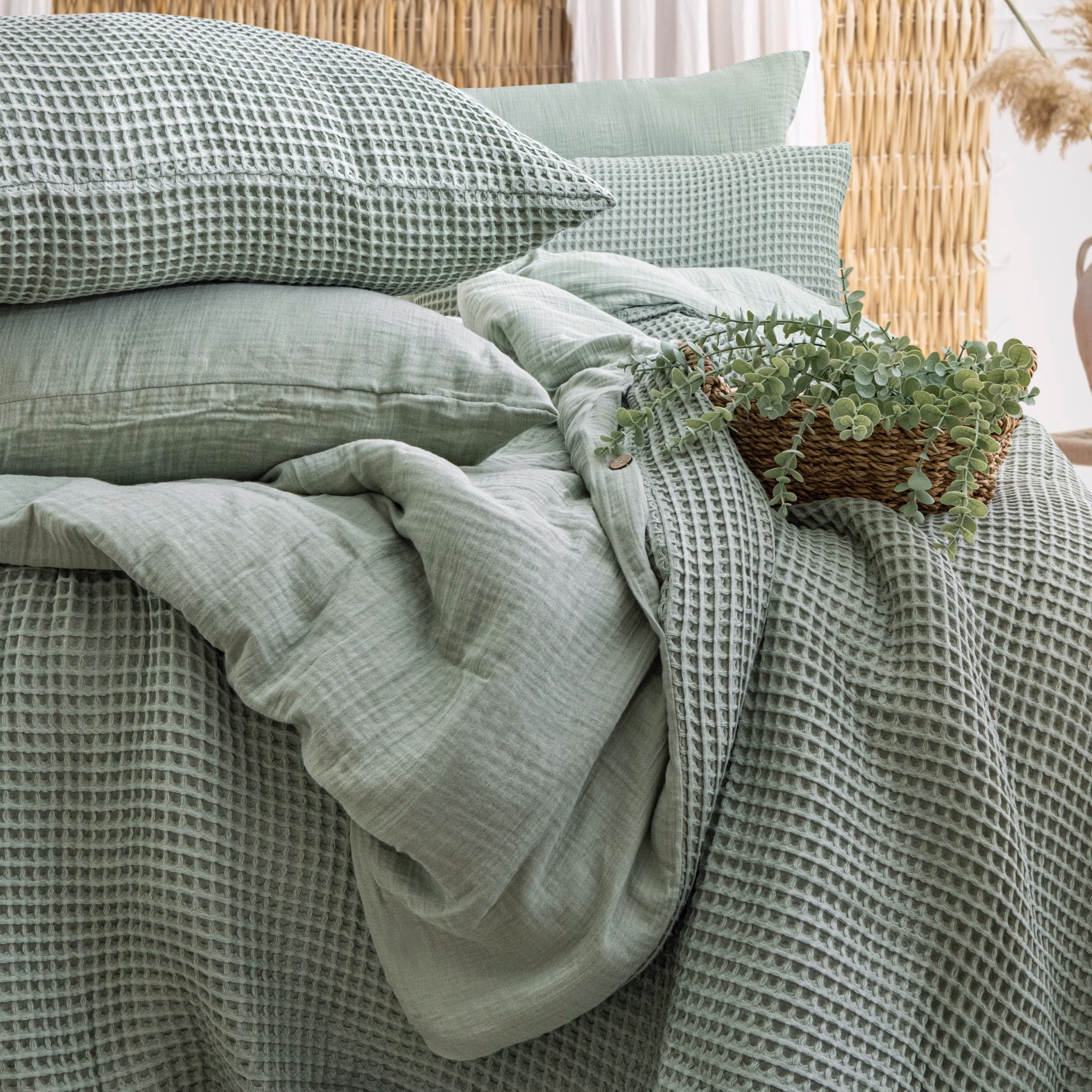 Sage Green Unique Waffle Duvet Cover: Luxury Organic Turkish Cotton Bedding Set, Housewarming gift