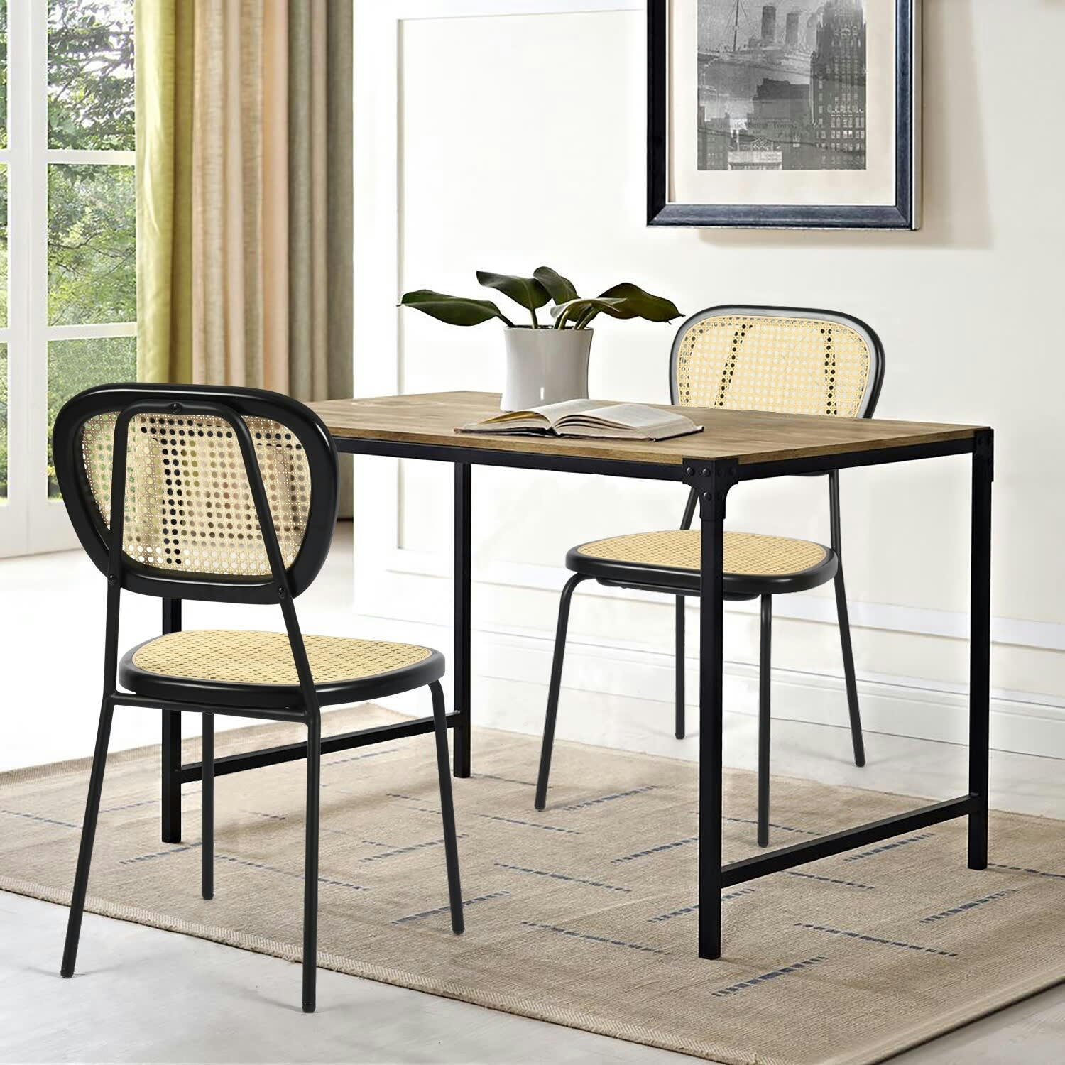 - Lot de 2 chaises assises et dossier cannage structure métallique noir