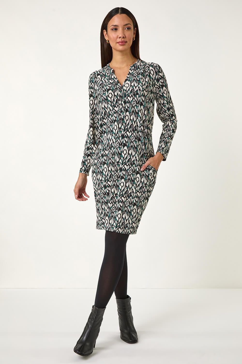 Roman Aztec Print V-Neck Shift Stretch Dress