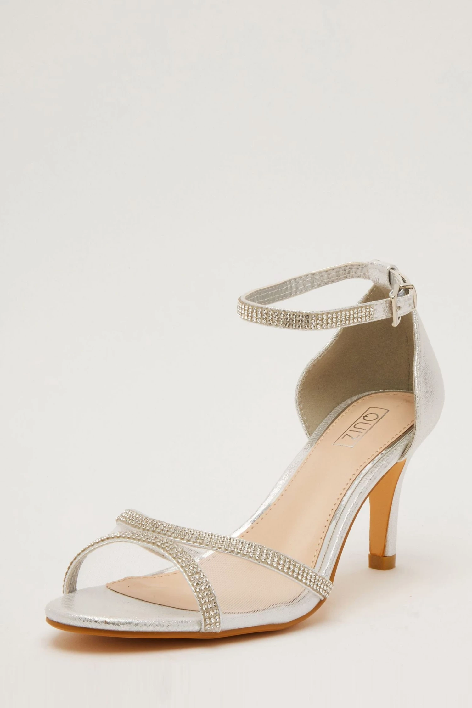 Quiz Silver Shimmer Mesh Front Diamante Low Heel Sandals