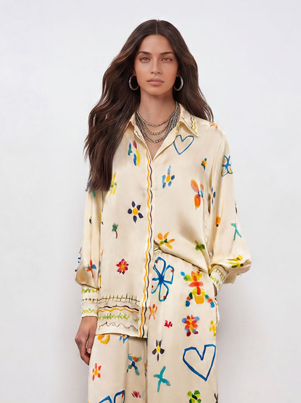 Unique Satin Hand-Painted Watercolor Print Wide-Leg Pants