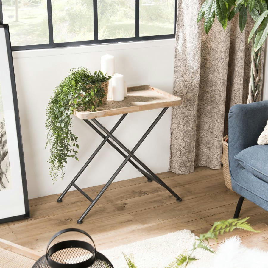 DORIANE - Table d'appoint rectangulaire cannage pieds métal noir L60