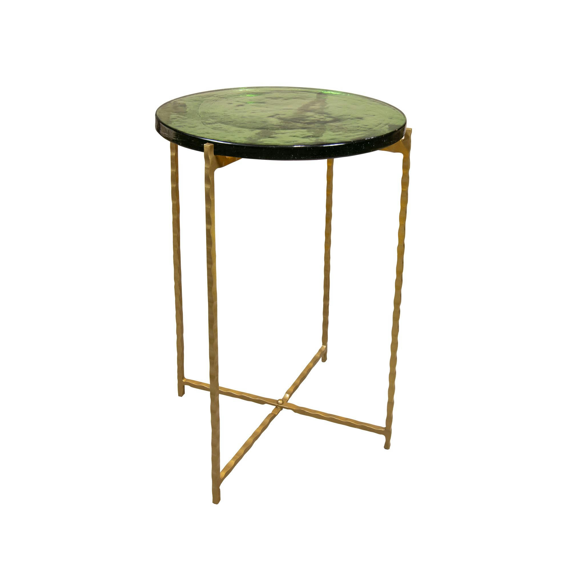 BELLI - Table d'appoint avec plateau en verre vert et pieds en métal doré