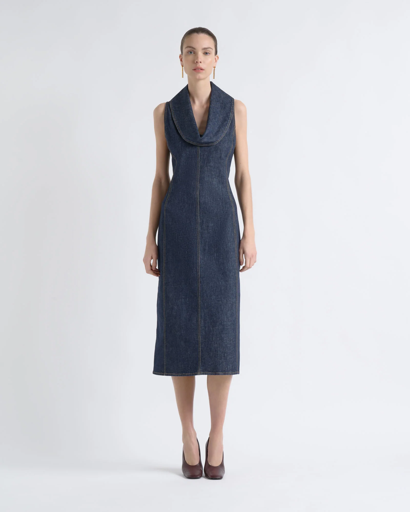 Denim Roll Neck Midi Dress