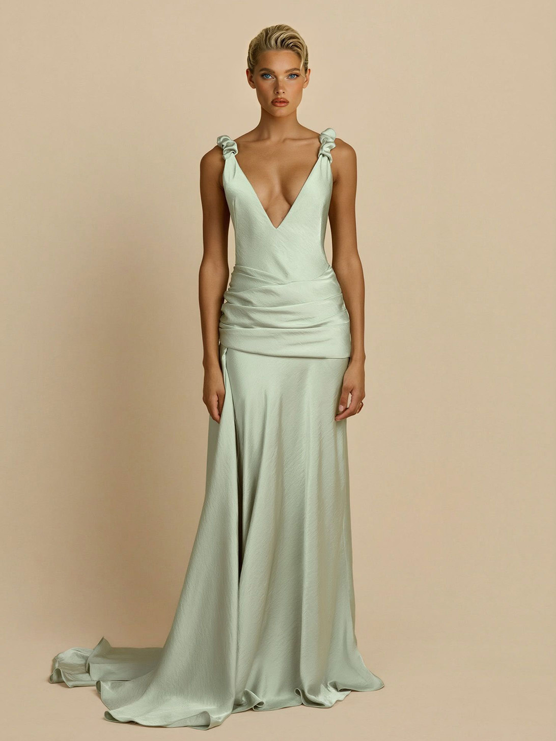 Elegant Satin Deep V-Neck Ruched Flowing Maxi Dress