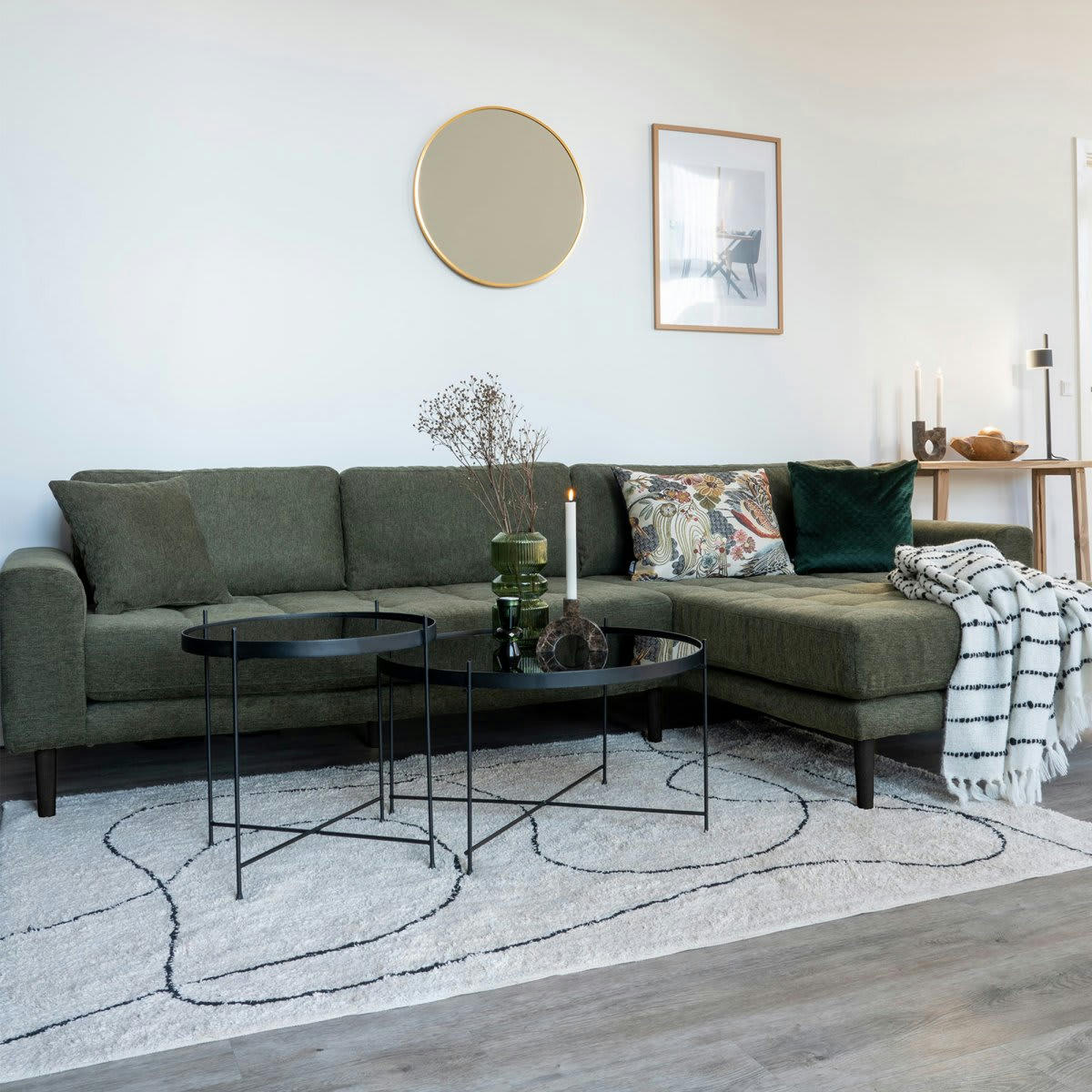 LIDO - Canapé d'angle droit en tissu pieds noirs L290cm vert olive 4 places