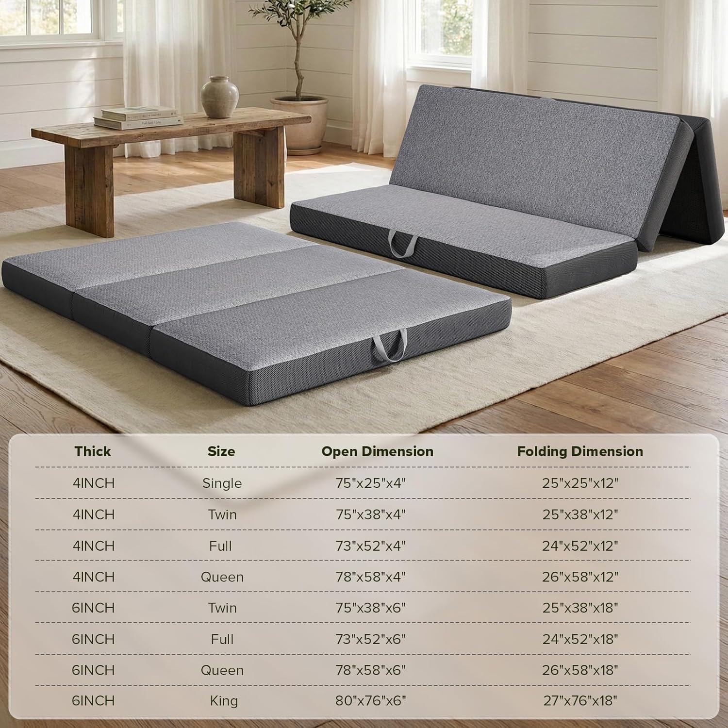 Vamcheer Tri Folding Mattress Queen Size - 6 Inch Foldable Mattress for RV/Camping/Travel/Guest Room/Yoga, 78x58x6 Trifold Memory Foam Cushion with Washable Cover