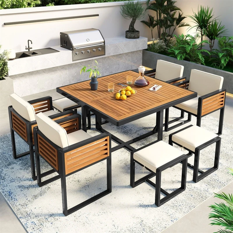 9-Piece/18-Piece Acacia Wood Patio Dining Set, Outdoor Dining Table Set with Cushioned Chairs, Ottomans and 1 Square Table