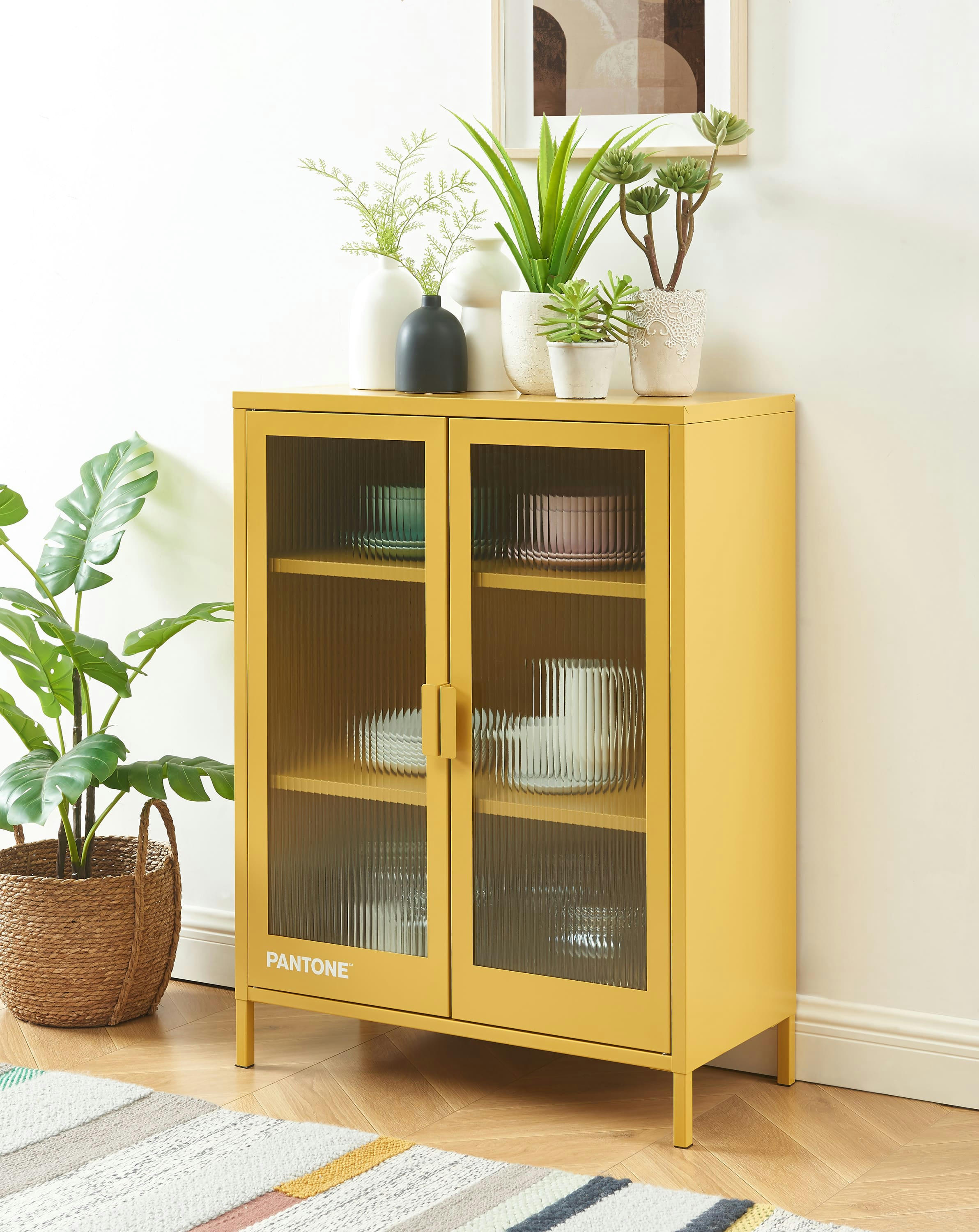 PANTONE - Buffet  jaune moutarde portes en verre cannelé