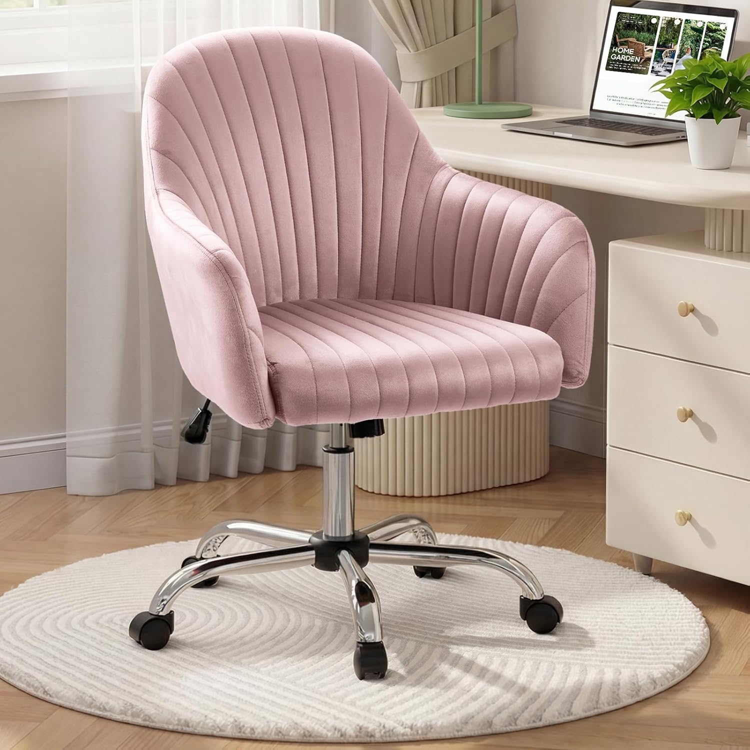 Warmiehomy Office Chair, Velvet Desk Chair for Home Office, Cozy Vanity Chair, Girl Cute Makeup Chair with Arm Rest for Bedroom Dressing Room (Blush Pink)