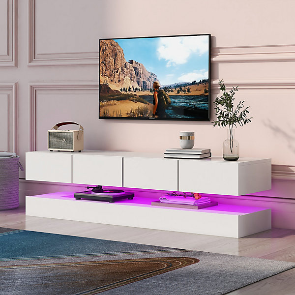 Meuble TV 130x33x15 cm blanc en MDF, suspendu, avec rangements et éclairage LED pilotable par application