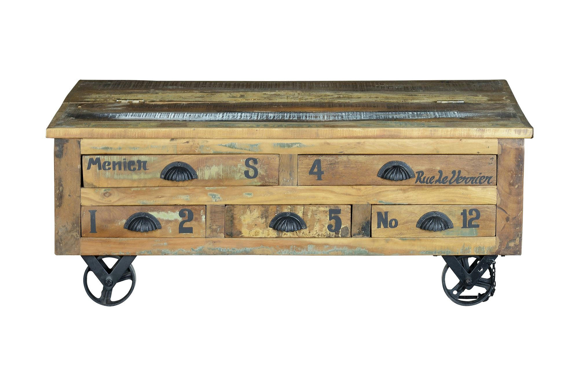 VERRIER - Table basse en bois recyclé et roulettes métal multicolores