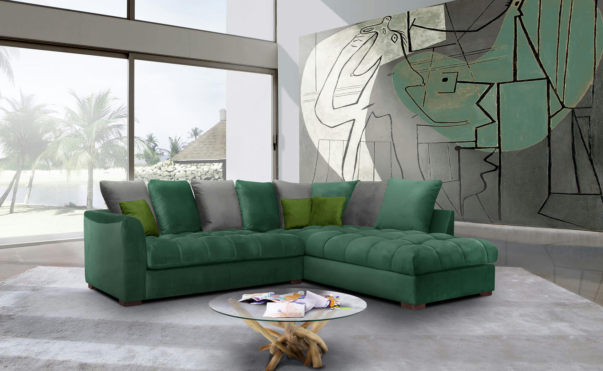 BARDI - Canapé d'angle droit 5 places tissu vert