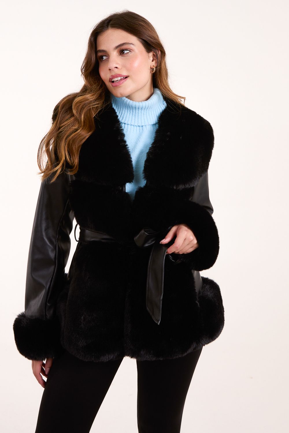 Blue Vanilla Panel Fur PU Belted Coat