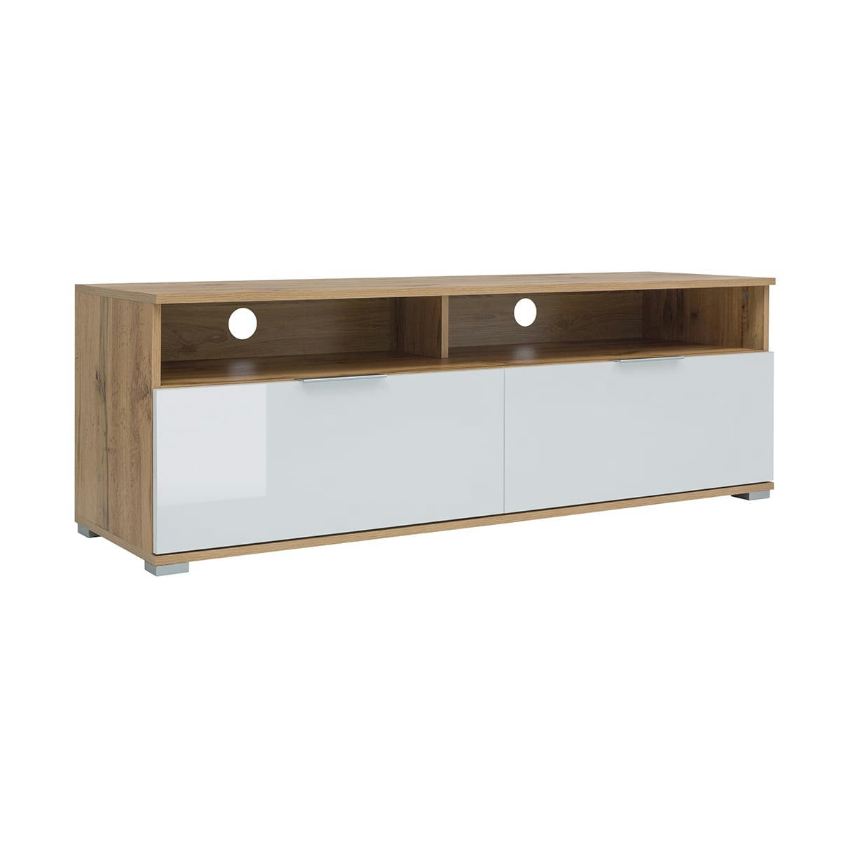 - Meuble tv 2 tiroirs 2 niches 135 cm blanc et naturel