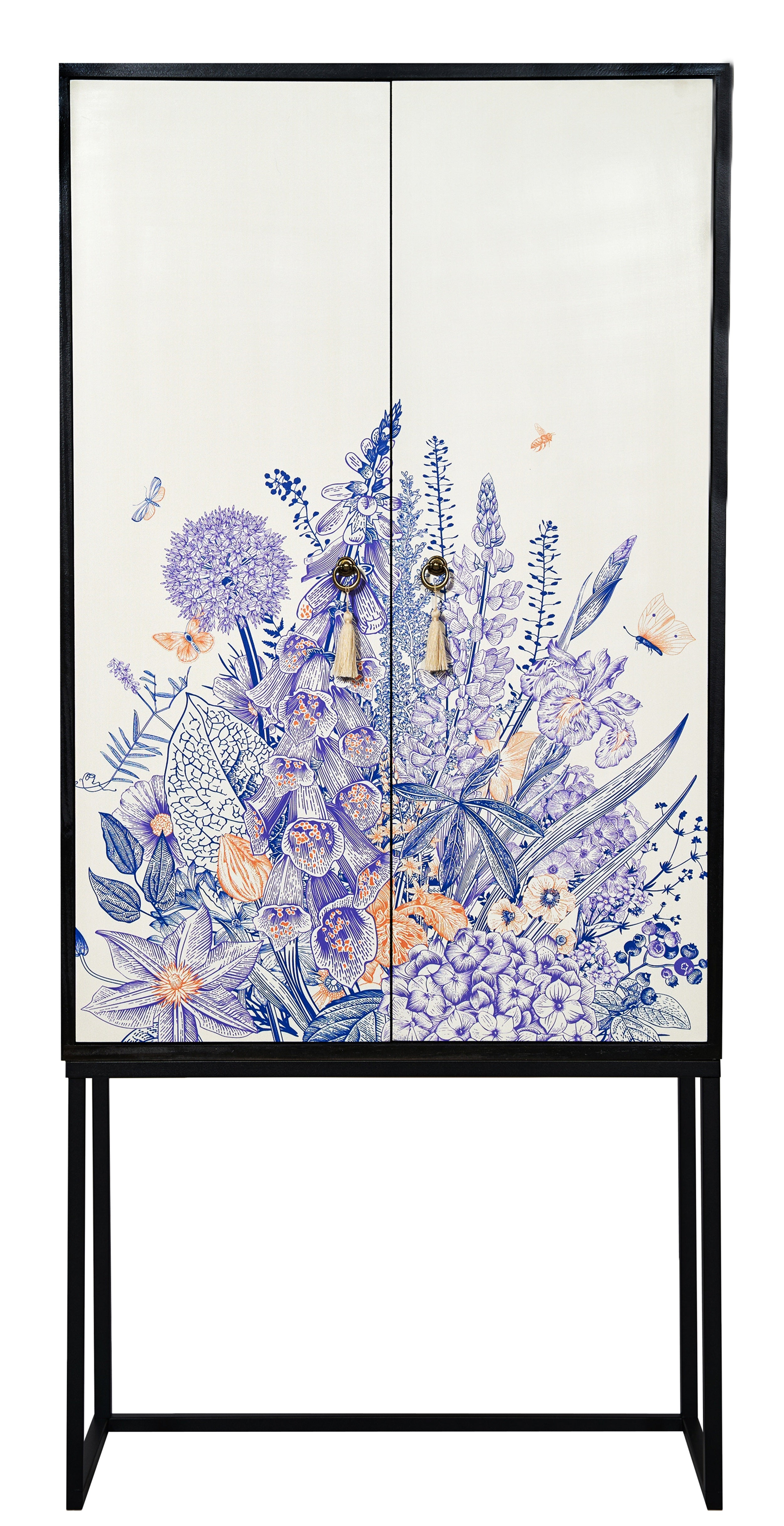 Kast dressoir met 2 deuren van MDF met met blauw en paars bloemenmotief