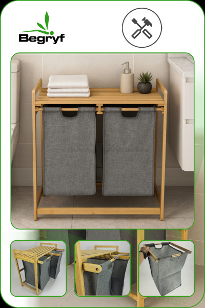 Kosz na pranie bambusowy 2 komory półka organizer szary 68x40x35 | BEGRYF
