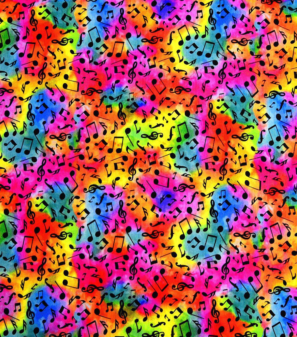 Tie Dye Music Notes Foil Novelty Cotton Fabric