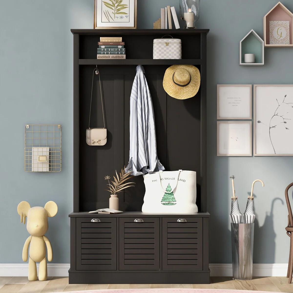 Hall Tree with 3 Hooks , Coat Hanger, Entryway Bench, 3-in-1 Design Storage Bench for Entrance, Hallway