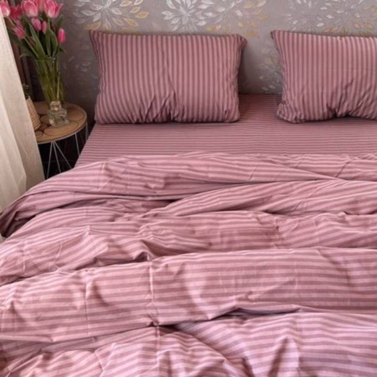 Striped Cotton Bedding – Powder Pink Bedding Set – Duvet Cover, Pillowcases, Flat or Fitted Sheet – Made to Order