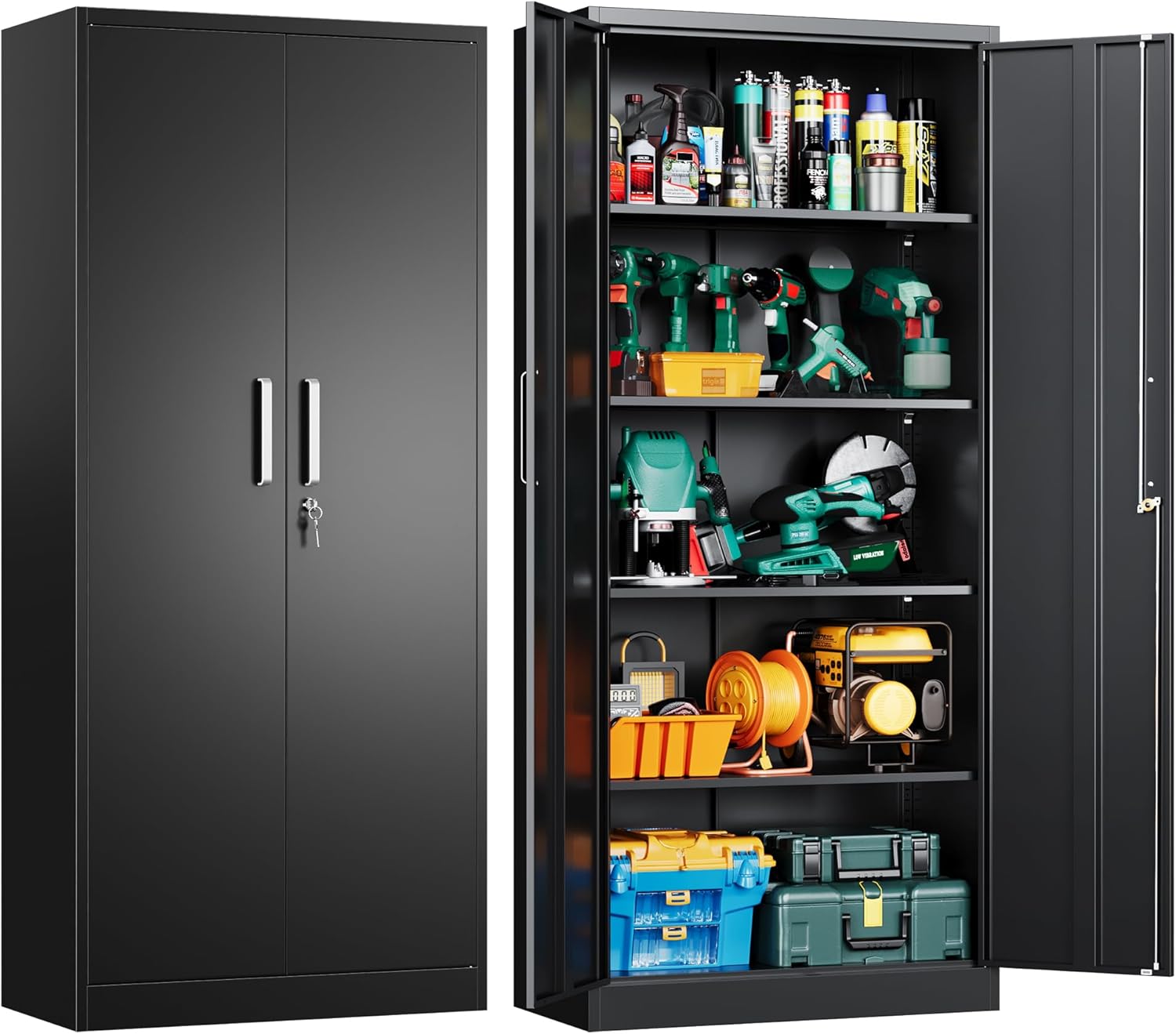 Metal Garage Storage Cabinet with Doors and Adjustable Shelves, 71 Tall Locker Organizer Steel Garage Cabinets, Lockable File Cabinet for Home, Office, Warehouse, Tools
