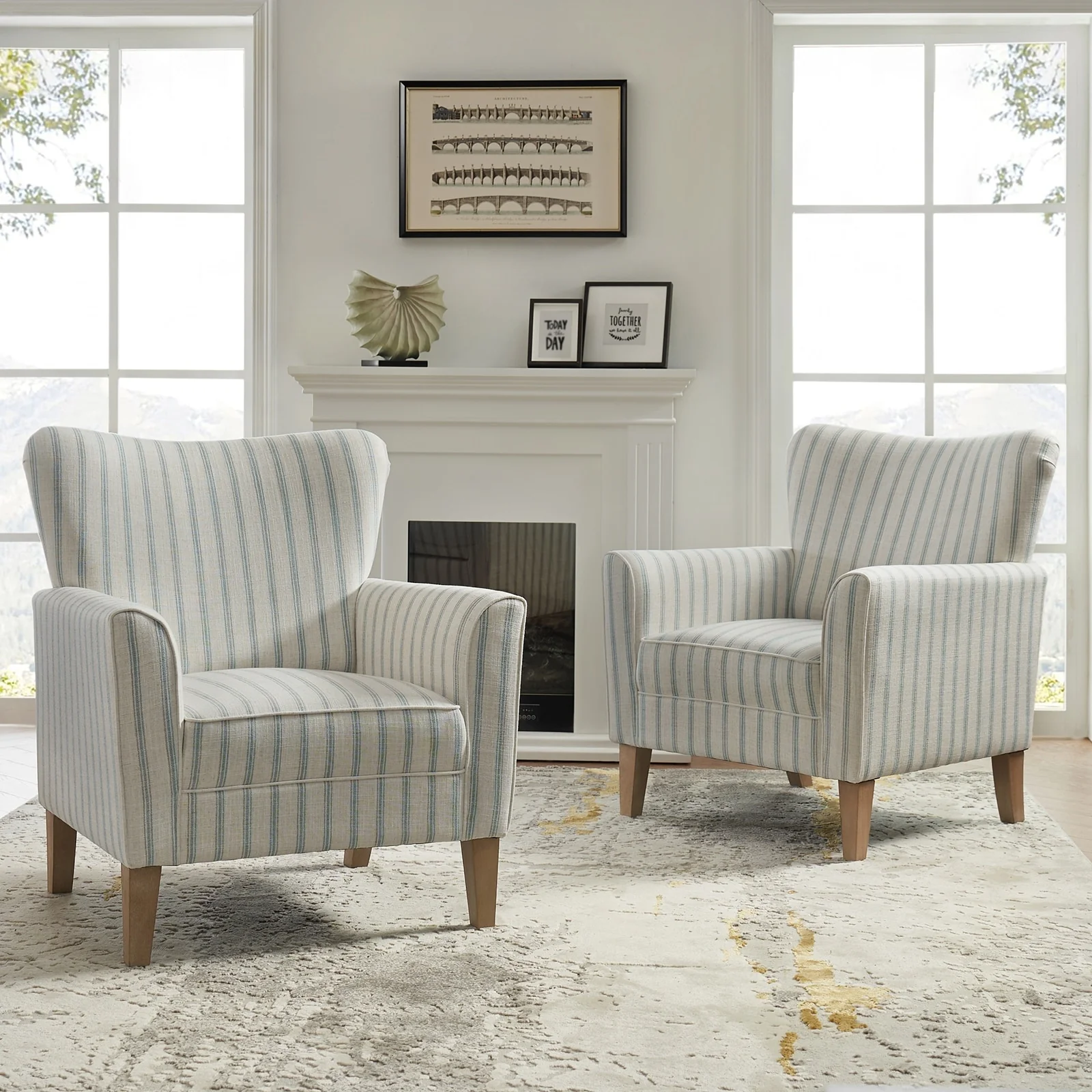 Warren Farmhouse Striped Wingback Chair with Solid Wood Legs Set of 2 by HULALA HOME