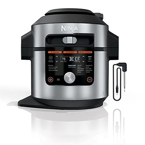 Ninja OL701 Foodi 14 in 1 SMART XL 8 Qt. Pressure Cooker Steam Fryer with SmartLid  Thermometer Auto Steam Release, that Air Fries, Proofs  More, 3 Layer Capacity, 5 Qt. Crisp Basket, Silver/Black(6.5 Quarts/2-Layer Meals)